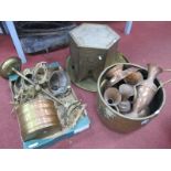 A Brass Log Bucket, Middle Eastern hexagonal coffee table, wall plaque, other metal ware.