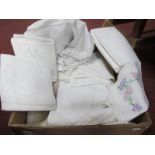 Vintage Table Cloths, doilies, linen napkins:- One Box.