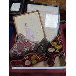 A XIX Century Sampler 32.5 x 27.5cm. Fairy needlework picture, beaded pin cushion and purse. Pair of