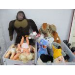 A Collection of Dolls and Teddies, to include a dated 1976 brown Gorilla, other animals, etc:- Two