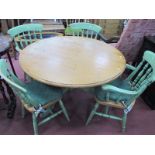A Pine Circular Table, with green painted pedestal, together with four green painted kitchen