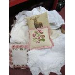 Bedspreads, cushions, tablecloth:- Two Boxes.
