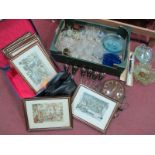 Glassware, Anton Pieck print, Smiths mantle clock, Tasco binoculars, etc.