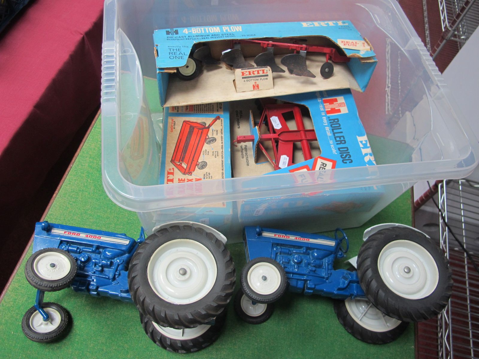 Six ERTL Models, comprising Ford 4000 (missing exhaust), four bottom plow (boxed), flare box