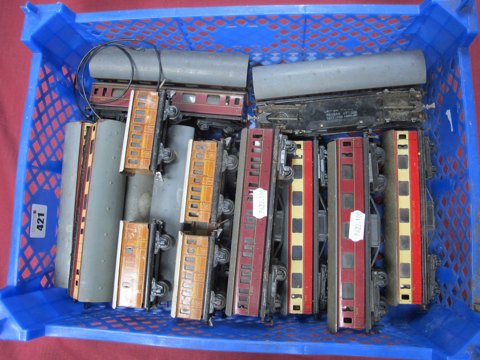 Fifteen Trix T.T.R Eight Wheel Bogie Coaches, BR red/cream, BR maroon etc, plus four four Wheel teak