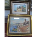 Bruzac, Mediterranean scene with boat in foreground, oil on board, signed lower right, 12.5 x 20.