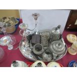 Knighthood Pewter Tray, having cylindrical bakelite handles, oval plated tray, Viners candelabra,