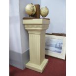 A Cream Column Jardiniere Stand, 67.5cm high; together with a pair of modern globe bookends.