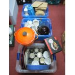 25 Creuset Casserole dish, enamelled hot water jug, other kitchen ware:- Three Boxes.