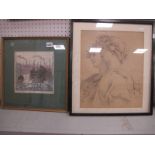 A XIX Century Pencil Sketch of Classical Roman Figures, 38 x 31.5cm. Woodblock print of Industrial