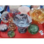 Slag Glass Pedestal Bowl, paperweights, XIX Century dump, etc:- One Tray.