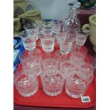 Drinking glasses in The Waterford Manner, seventeen, together with matching decanter:- One Tray.