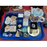 Sadler Teapot, coinage, badges, pin cushions, etc:- One Tray.