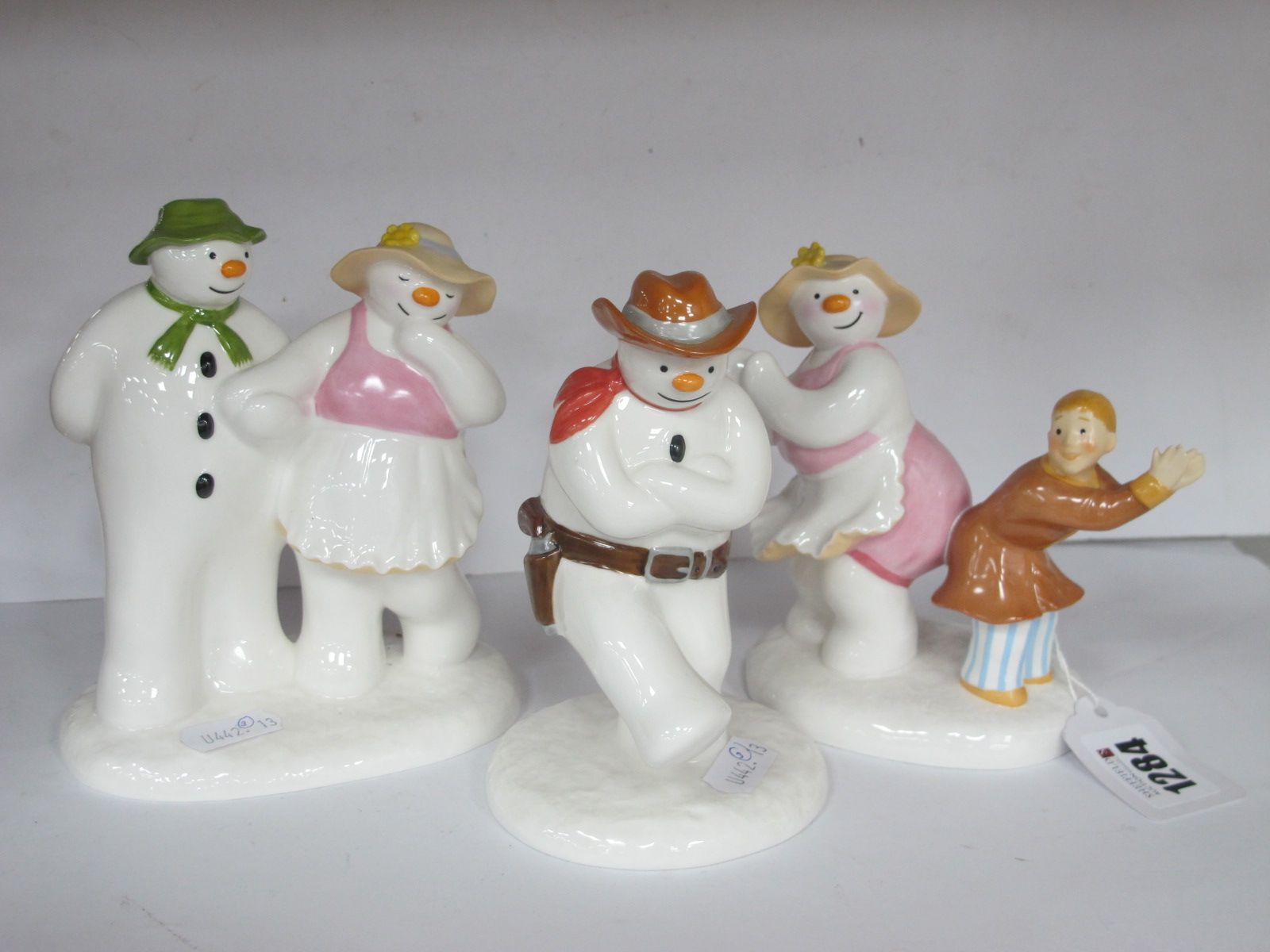 Coalport The Snowman Character Figures, 'Dance The Night Away', 'The Bashful Blush' and 'Cowboy