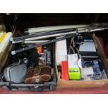 Cameras, photographic accessories, spool, re winder, Luxor screen, etc:- Three Boxes.