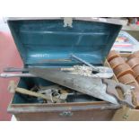 Bolt Croppers, saws, brace, other tools in tin trunk.