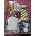 A Plated Oval Tray, Compendium of games, white metal photograph frame, etc:- One Box