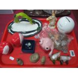 Swarovski Pendant, Doulton Pooh money box, Albert 'Benjamin'. glass pigs, coinage, etc::- One Tray.