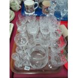 Cut Glass Decanter, water jug and various stem glasses and tumblers:- One Tray