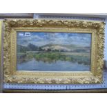 H N W Countryside Scene with lake in foreground, signed and dated (1992) in elaborate gilt frame