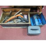 Saws, Full-Use Vice, other tools, in XIX Century pine box plus metal carry case.