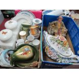 Capo di Monte Figure of a Tramp, decorative tureen and cover, pair storage jars, miniature