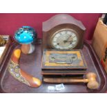 Glass Mushroom Paperweight, Smiths mantle clock, gavel, cash box, Aboriginal boomerang.