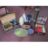 A Box and Coracle Hamper of Collectables, including large vases, 1950's Dustette, greenhouse heater,