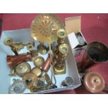 XIX Century Brass Candlesticks, Prestige copper jug, brass skimmer, other metal ware:- One Box.
