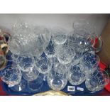 Crystal Water Jug, eight matching tumblers and nine small wines, fruit bowl and dishes:- One Tray.