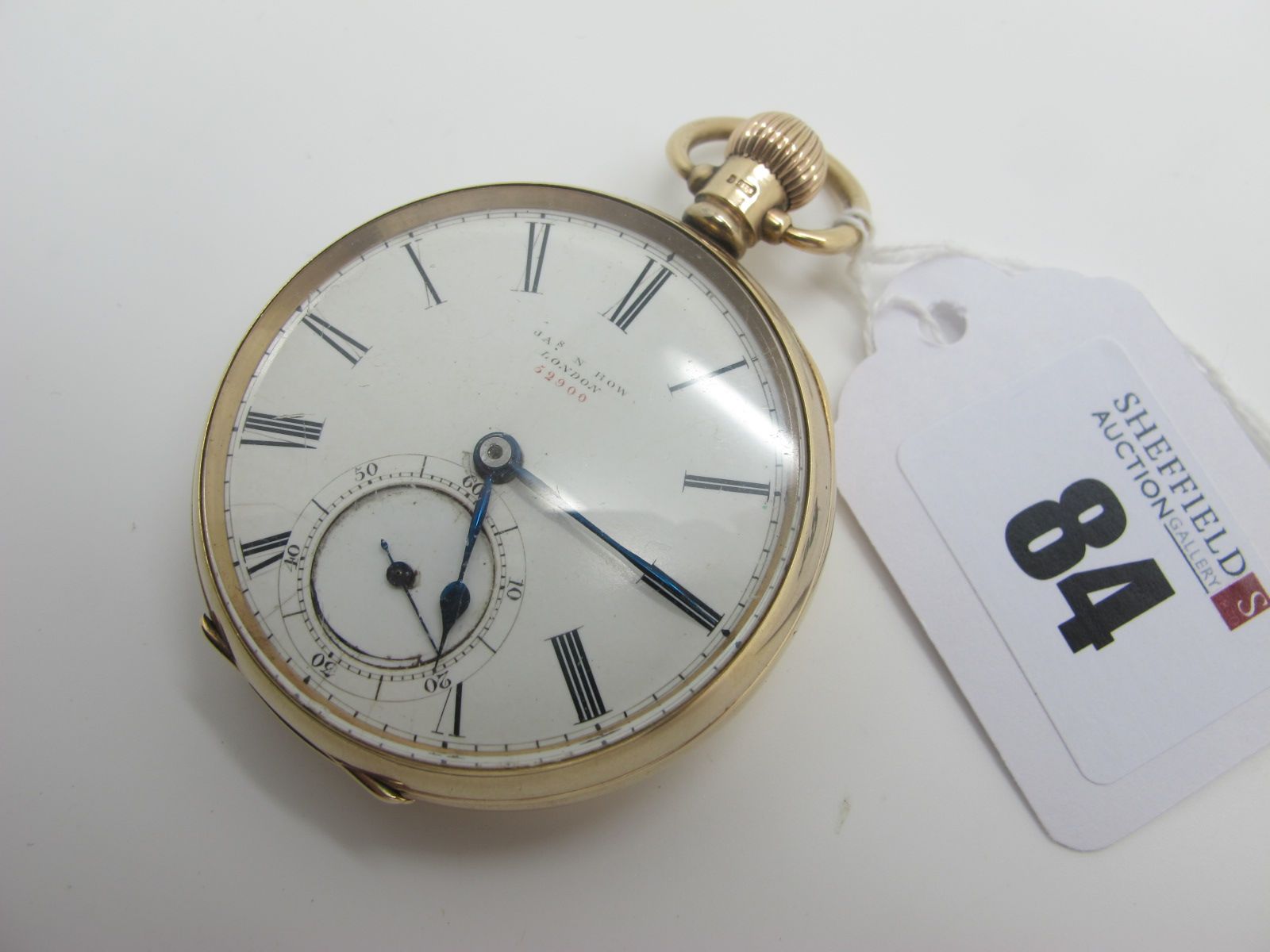 Jas N How London; A 9ct Gold Cased Openface Pocketwatch, the signed white dial (cracks) numbered "