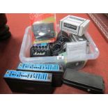 A Box of Guitar Pedals and Effects, included is a zoom pedal, Rockman Sustainor (2), Bass Rockman,