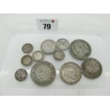 GB Pre 1920 Silver Coins, including an 1889 one shilling, 1900 half crown, 1896 one florin, etc.