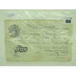 Bank of England Five Pounds Banknote, (Chief Cashier P.S. Beale) London 15th November 1949. Fold