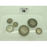 Collection of Six Pre-1947 Silver GB Coins, includes an 1893 Half Crown, 1891 Half Crown, etc. Total