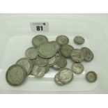 GB Pre 1947 Silver Coins, includes Half Crowns, Florins, One Shillings etc, circulated, total weight