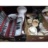 Clock, Coclough Ivy Teaware, cased cutlery, cats, glassware, etc:- Two Boxes, Jardiniere, folding