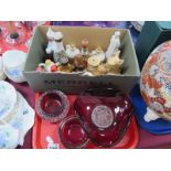 Miniature Spirit Bottles, two ruby glass ashtrays, and bowl:- One Tray.