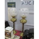 A Pair of Tall Brass Oil Lamps, with reeded columns, Sherwood and Duplex adjusters and globular