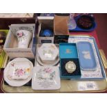 Caithness paperweight, Wedgwood vase, Bilston Battersea enamel pill box, etc:- One Tray.