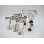 Paul Bayl? three glass goblets, Pepper & Hope plated goblets:- One Box.