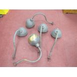 Vintage Lighting; Five Shop/Pub Front Overhead Lamps, brass coated lamp shades and arms.