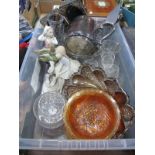 A Carnival Class Bowl, drinking glasses, figurines, plated teapot, basket, etc:- One Box.