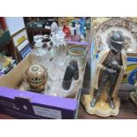 A Claret Jug, decanters, other glassware, copper model divers helmet, spectacles:- One Box. Iron