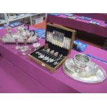 Assorted Plated Ware, including four piece tea set, a rounded rectangular twin handled tray, a