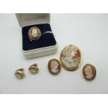 A 9ct Gold Oval Shell Carved Cameo Ring, depicting female profile (finger size J); together with