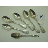 A Set of Six Hallmarked Silver Fiddle Pattern Teaspoons, John & Henry Lias, London 1842, initialled.