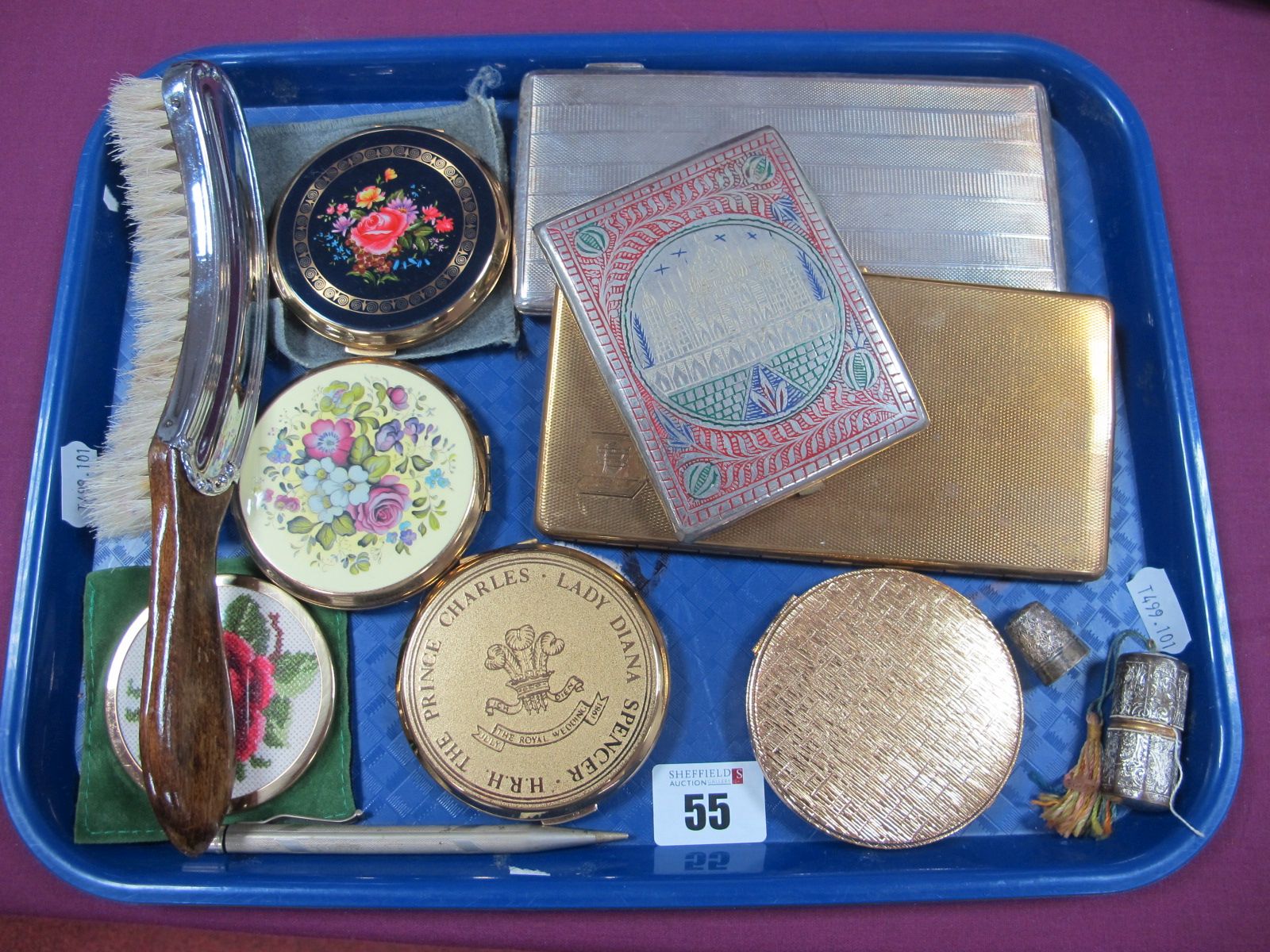 Powder Compacts, cigarette cases including Middle Eastern example allover decorated, crumb brush,