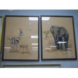 R.G Howes (Norfolk Artist), Ibex and young, elephant. pair of pastel drawings, signed and dated '84,