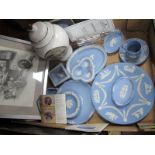 Wedgwood Powder Blue Jasper Ware Pottery, of thirteen pieces, including plates, bridge ashtray,